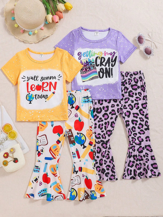 4pcs Young Girls' Casual Cute Letter & Cartoon Printed Short Sleeve Top And Flared Pants 2-Piece Outfit