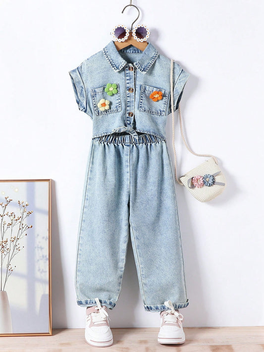 Streecool Kids Young Girl Casual And Sporty Sleeveless Denim Jumpsuit, With Felt Flower Patchwork And Front Snap Buttons, Light Blue, Washed