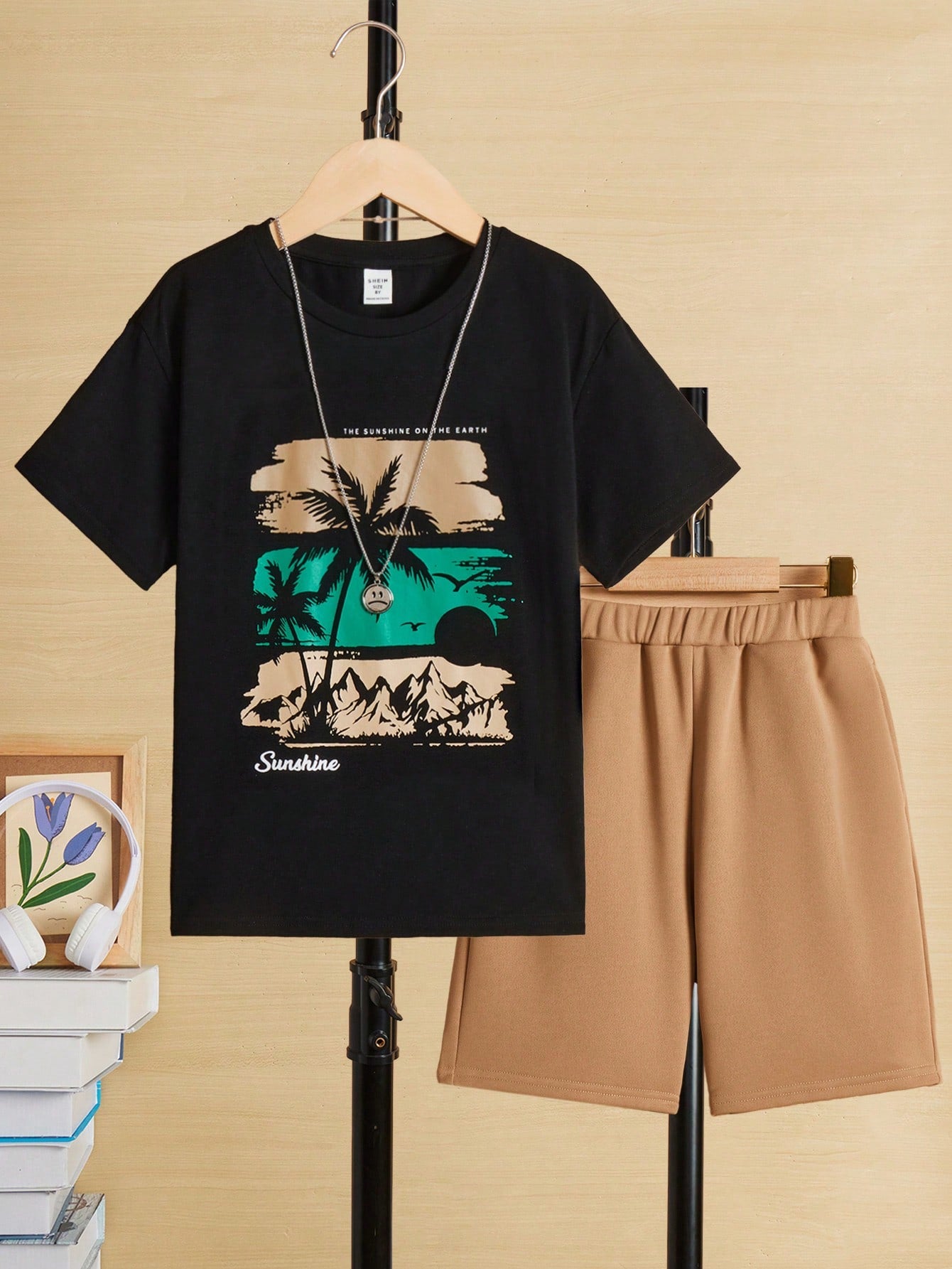 Tween Boy Slogan & Palm Tree Print Tee & Shorts