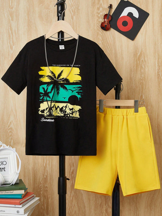 Tween Boy Slogan & Palm Tree Print Tee & Shorts