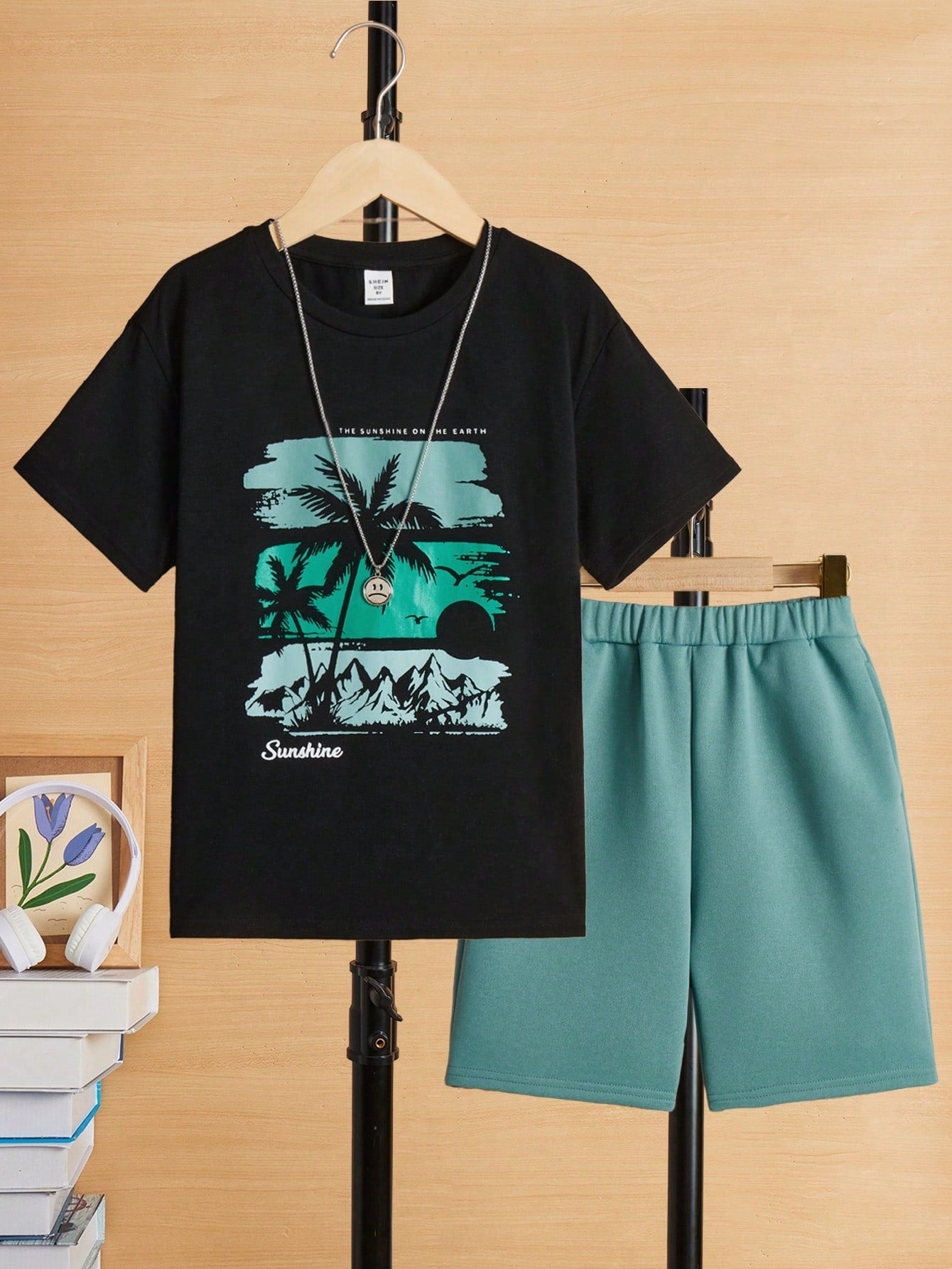 Tween Boy Slogan & Palm Tree Print Tee & Shorts