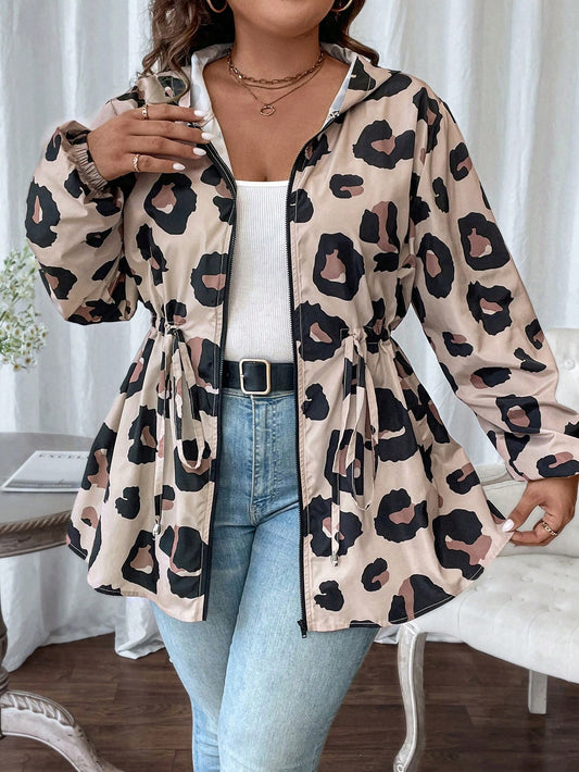 Women's Plus Size Long Sleeve Leopard Print Hooded Casual Jacket With Drawstring Waist For Autumn & Winter