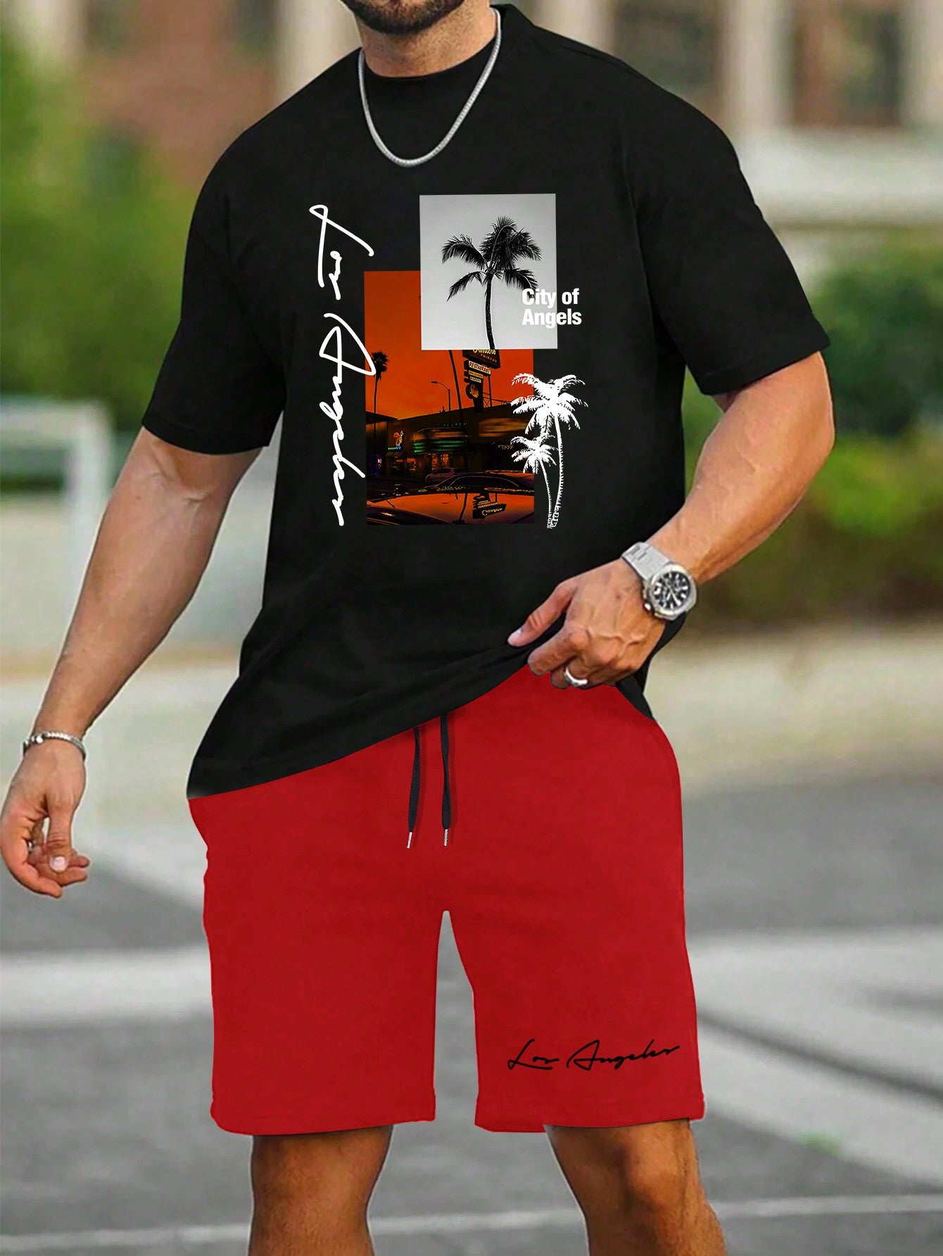 Men Plus Size Summer Round Neck Landscape Print Short Sleeve T-Shirt And Drawstring Pocket Shorts Two-Piece Set