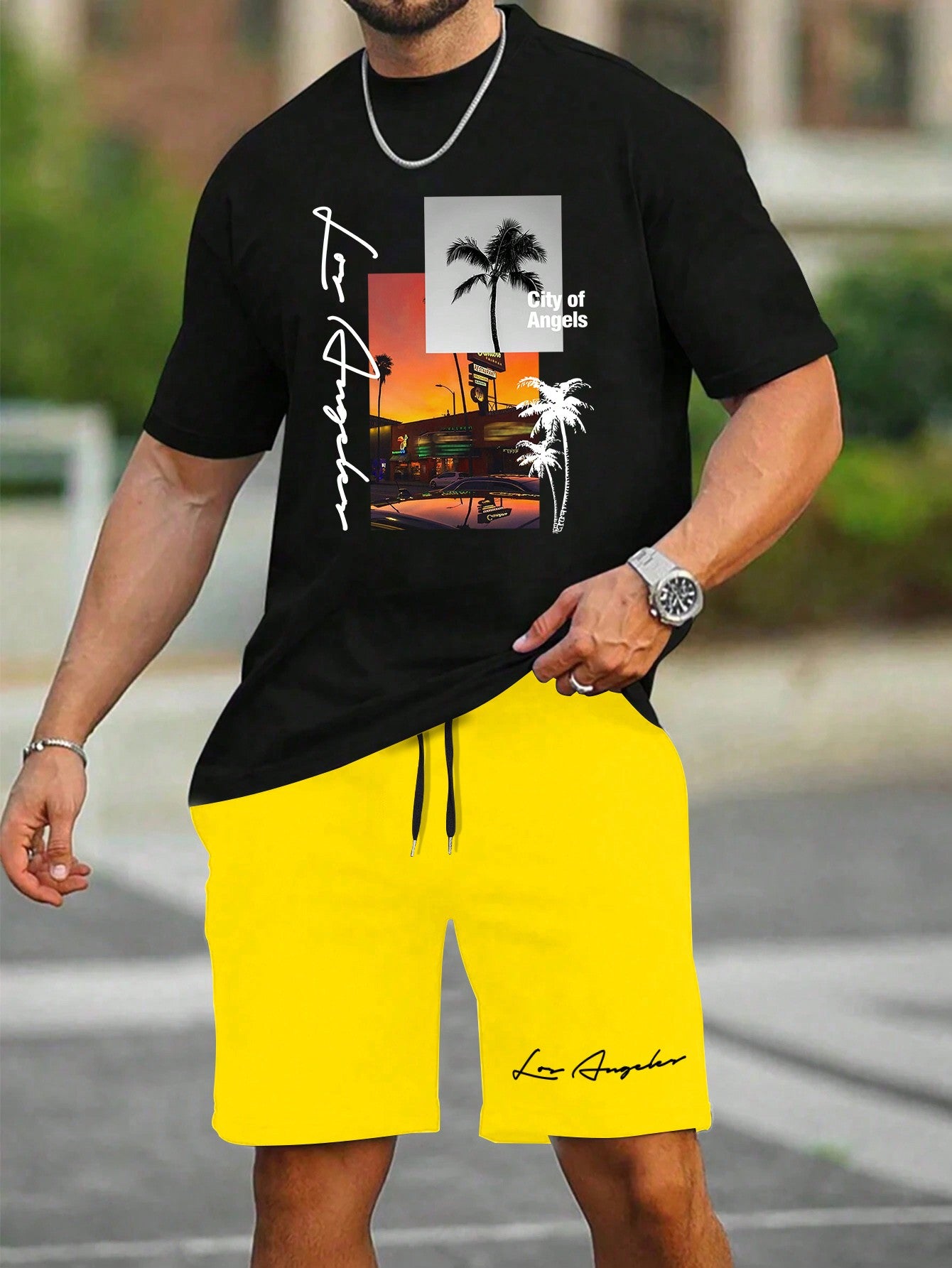 Men's Plus Size Summer Letter & Palm Tree Printed Round Neck Short Sleeve Casual T-Shirt And Drawstring Waist Shorts Set