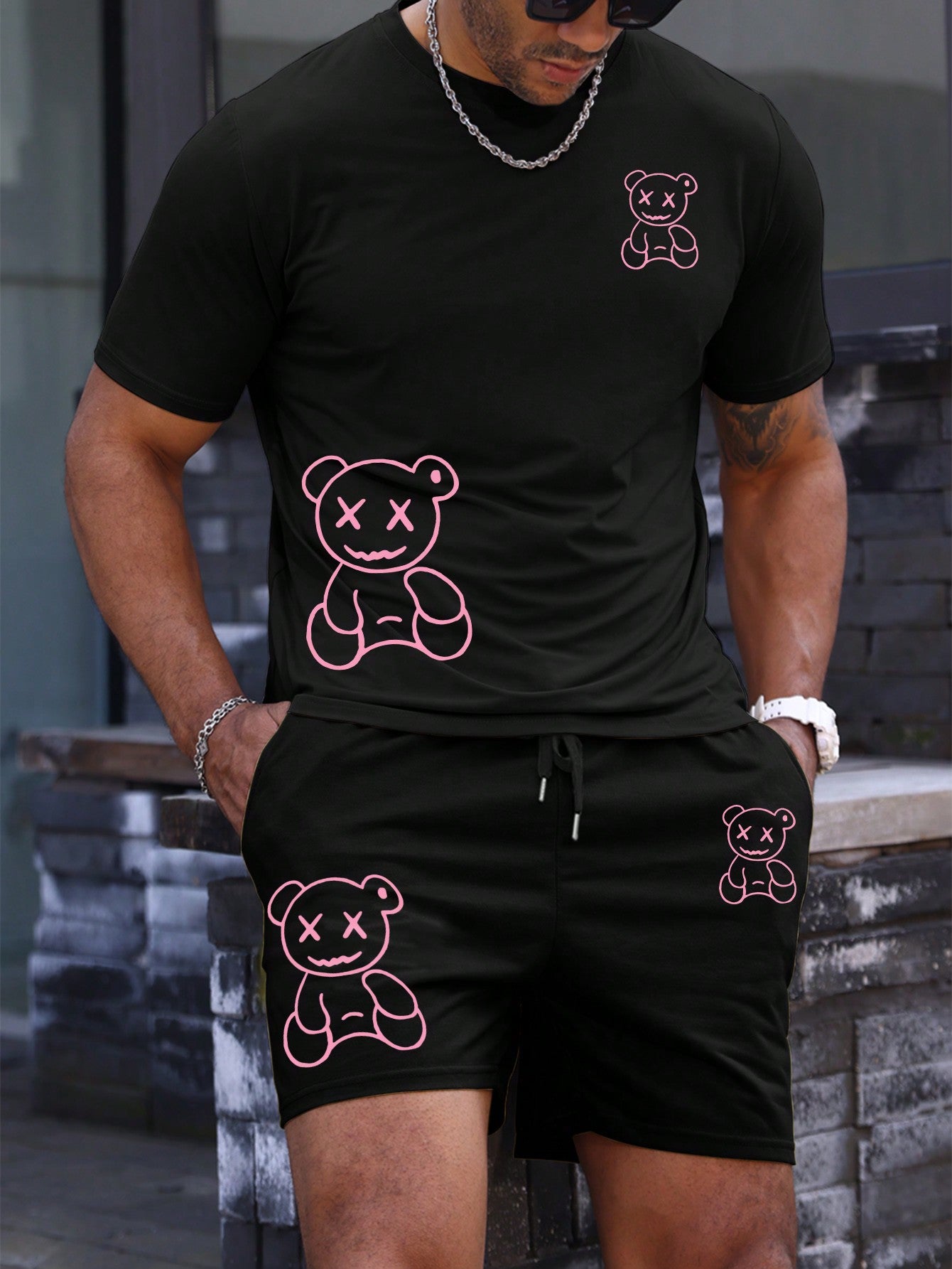 Men's Plus Size Cartoon Bear Printed Round Neck Short Sleeve Casual T-Shirt And Drawstring Waist Shorts Summer Outfit