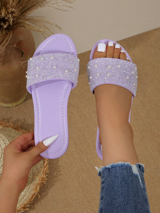 Plus Size Women's Low-Heel Flat Sandals, Round Toe Crystal & Pearl Decor, Slip-On Casual Outdoor Thong Slippers, Purple