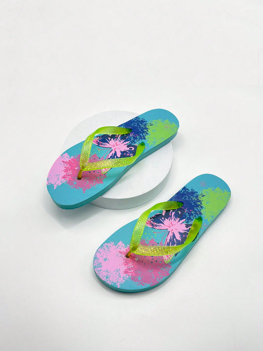 New Tropical Print Flip Flops, Flat Anti-Slip Thong Sandals For Beach & Outdoor Vacation