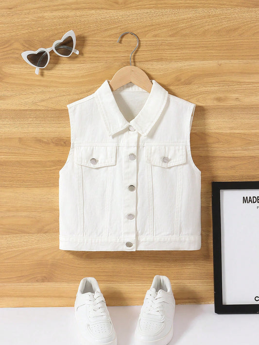 Girls' Soft Washed Denim Vest Jacket For Casual Outfit