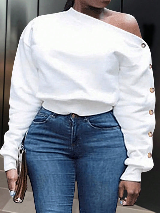 Plus Size Elegant & Casual White Oblique-Shoulder Sweatshirt For Women, With Button Detailing, Autumn/Winter