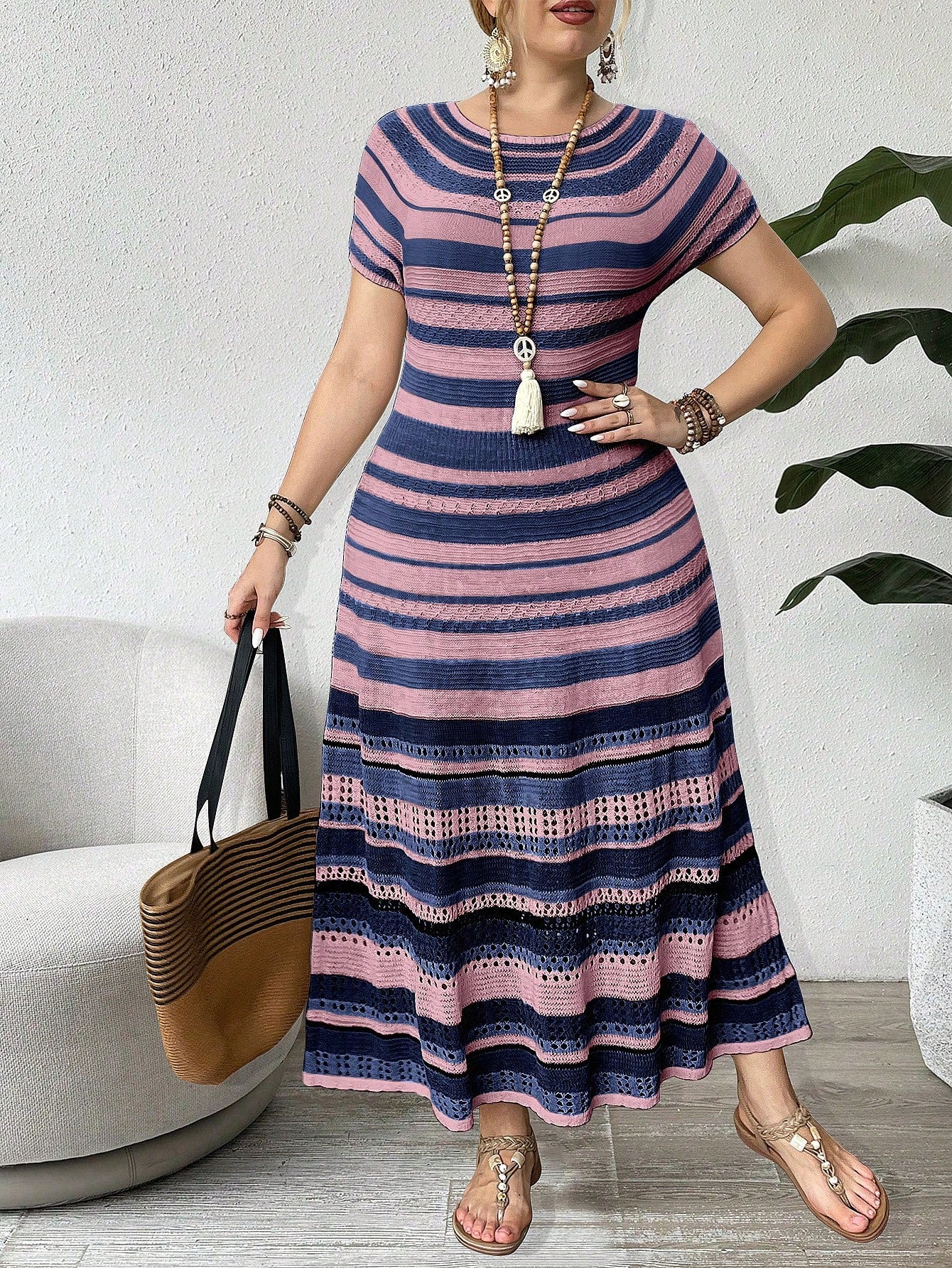 Plus Striped Pattern Raglan Sleeve Sweater Dress