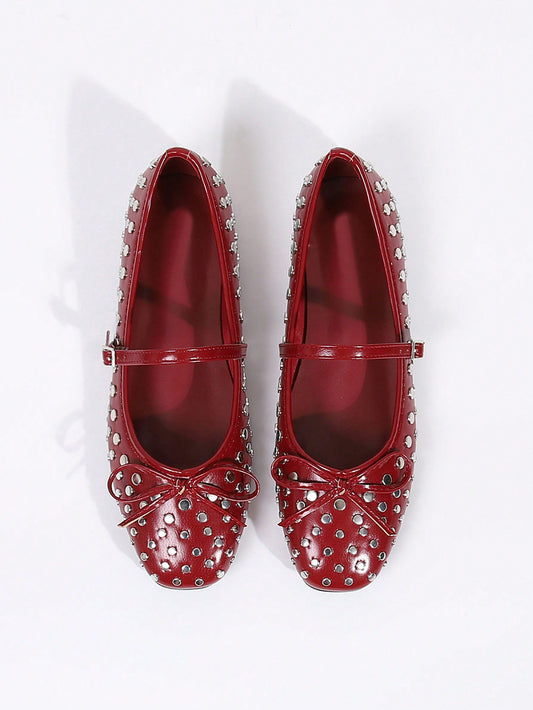 Women's Flat Square Toe Red Rivet Bow Mary Jane Shoes, Punk Rock Style Halloween