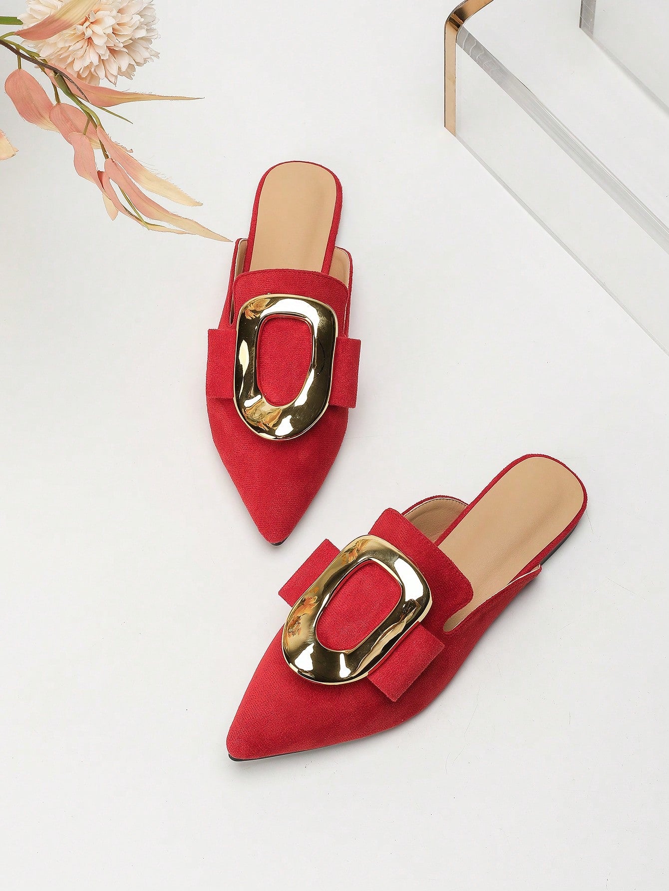 Women's Elegant Pointed Toe Red Velvet Mule Slippers With Large Metal Buckle And Circle Decoration On Low Heels