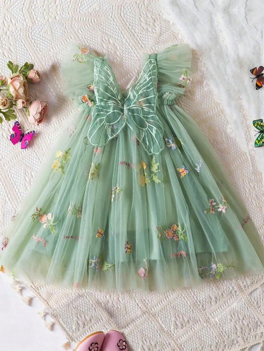 1pc Girls' Lovely Ladylike Princess Dress With 3D Butterfly Decoration, Flying Sleeves, Floral Embroidery, And Puffy Tulle Skirt, Perfect For Parties, Birthdays, Beach Vacations, And Other Special Occasions, Spring/Summer/Autumn