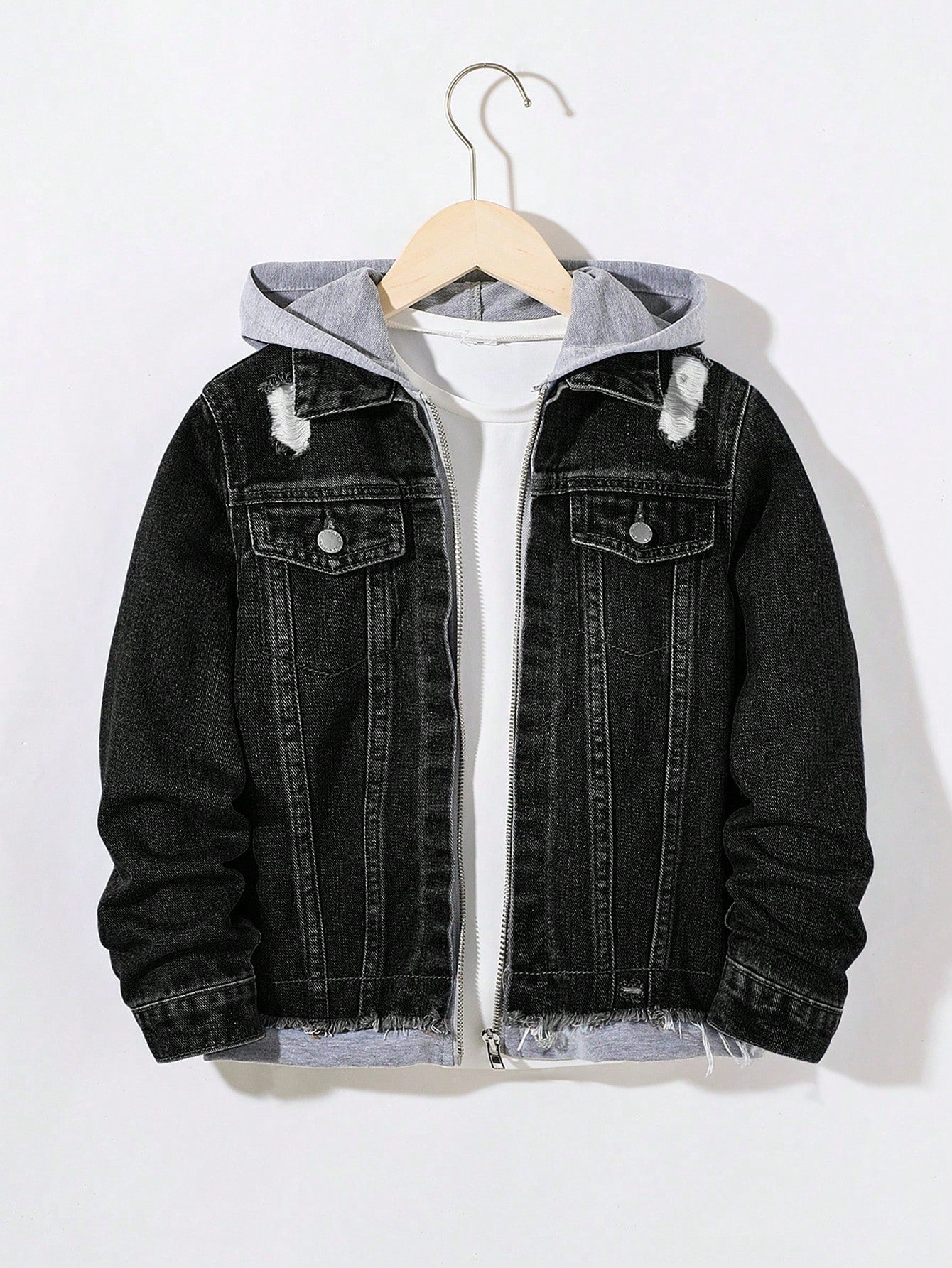 Tween Boy Hooded Zipper Closure Casual Denim Jacket With 2 In 1 Design