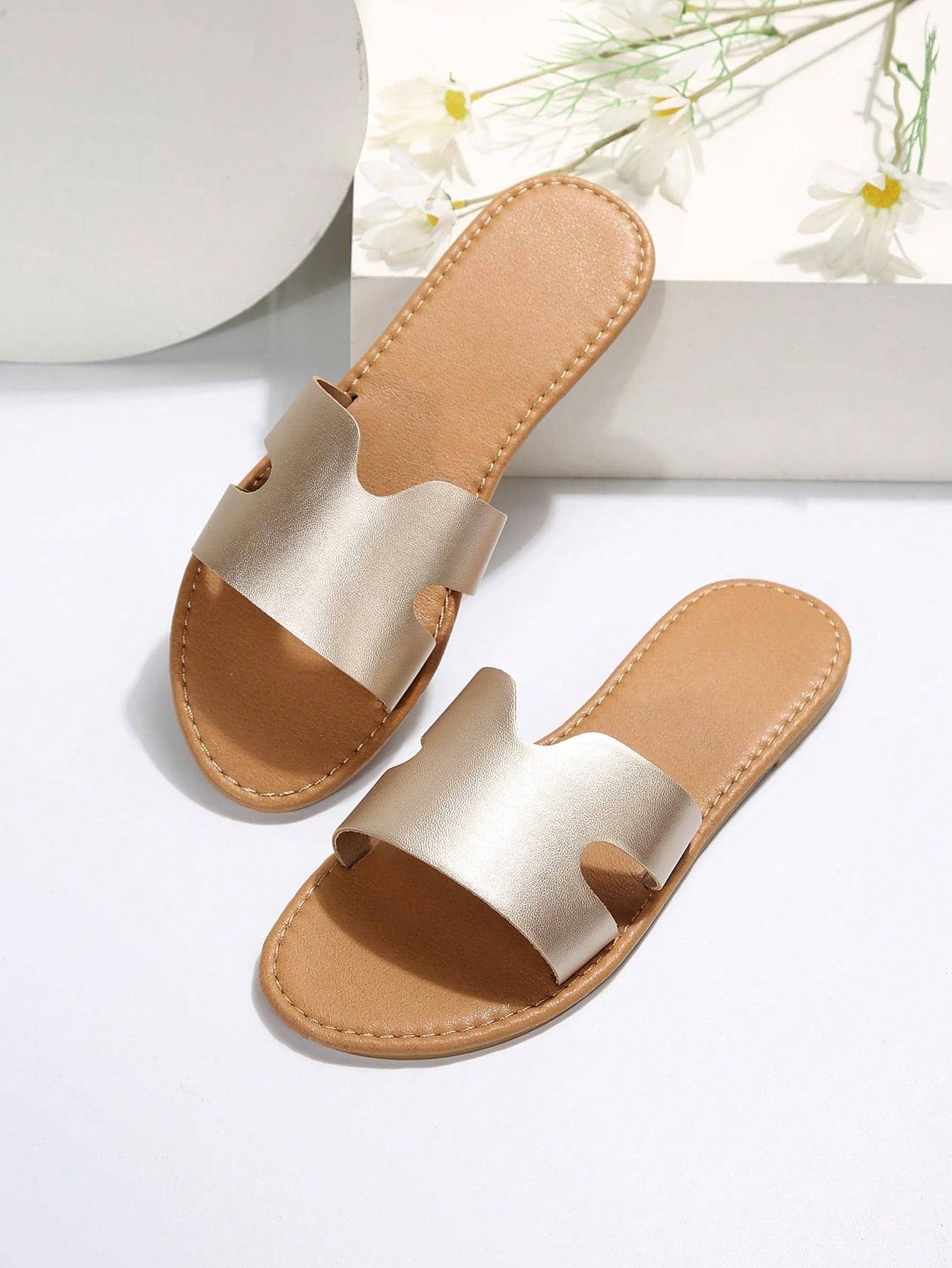 Women Gold Flat Sandals Classic H Open Toe Hollow-Out Slip-On Casual Beach Shoes