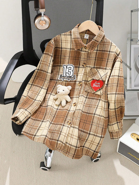 Girls' Long Patch Bear, Number & Heart Print Warm Flannel Shirt Jacket