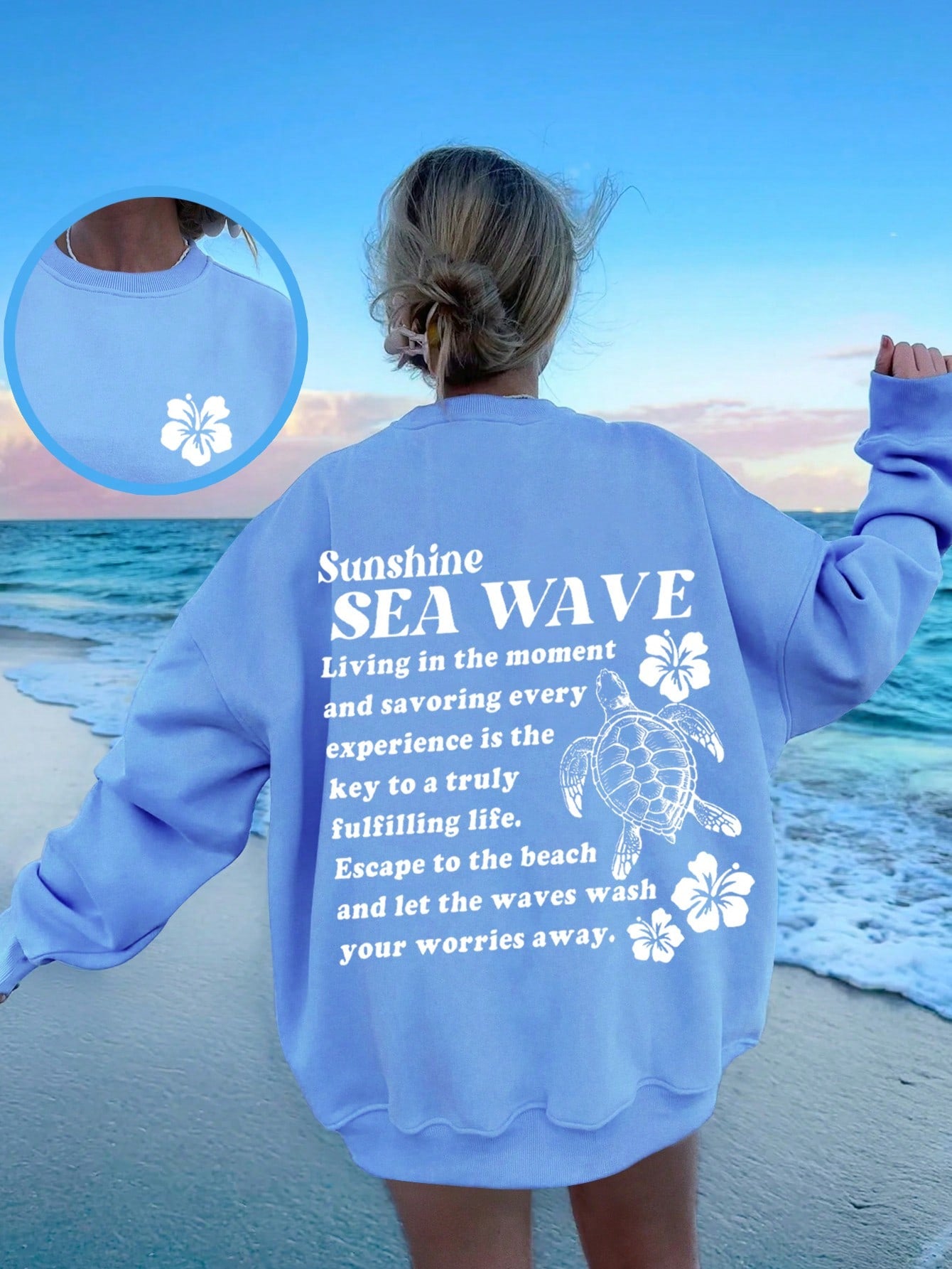 Casual Blue Star Print White Round Neck Long Sleeve Oversize Loose Women's Sweatshirt With Applique Each Star Is Unique And Shines Brightly Eternal Light