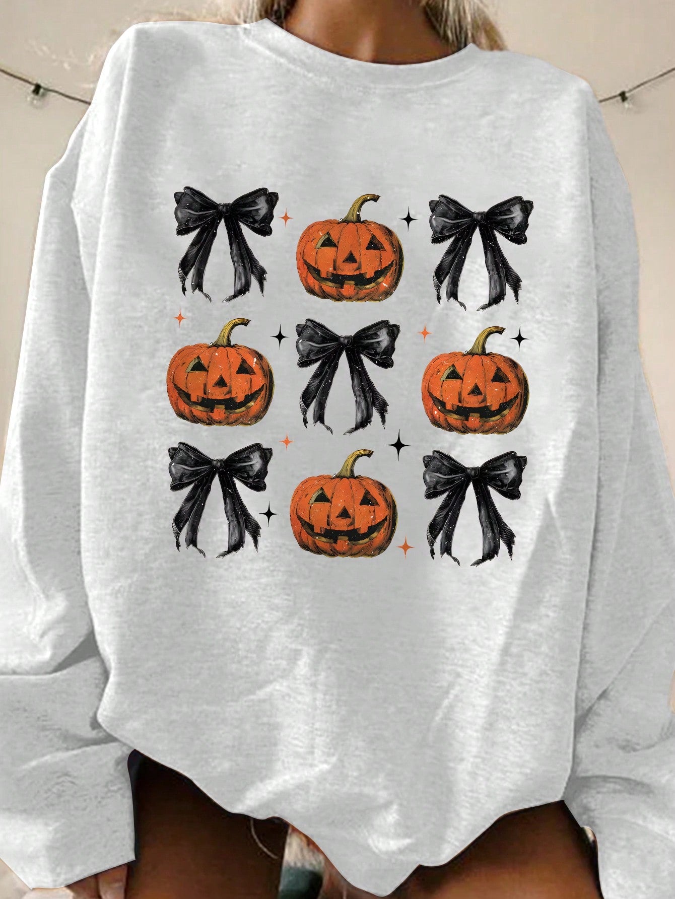 Women's Halloween Crew Neck Long Sleeve Bowknot Print Sweatshirt, Casual Daily Wear