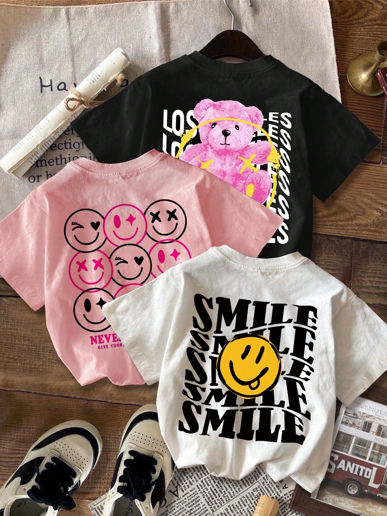 3pcs Casual & Simple Cartoon Letter Printed T-Shirt Set For Tween Girls, Summer