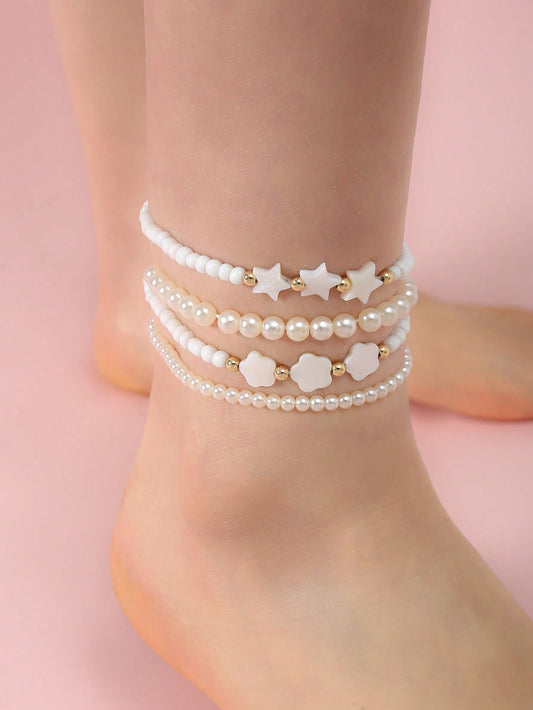 4pcs/Set Girls' Pearl Beaded Shell & Star Flower Anklets