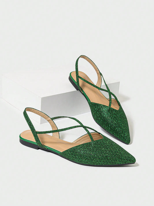 Green Bandeau Ankle Strap Flat Sandals, Sexy French Cross Straps Open Back Women's Summer Pointy Toe Flats