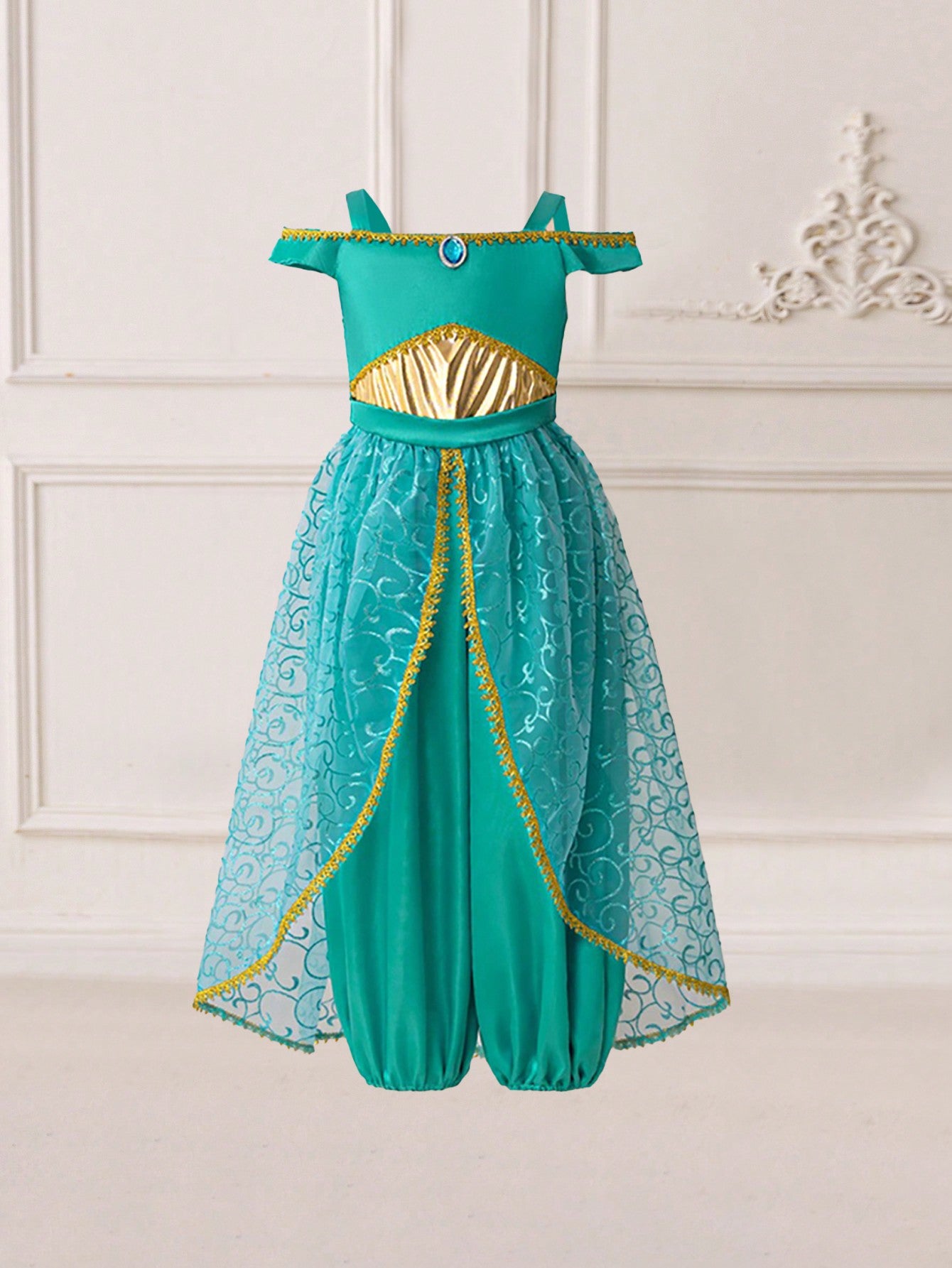 Young Girl Off Shoulder Green Princess Jumpsuits, Ideal For Costume Play Party