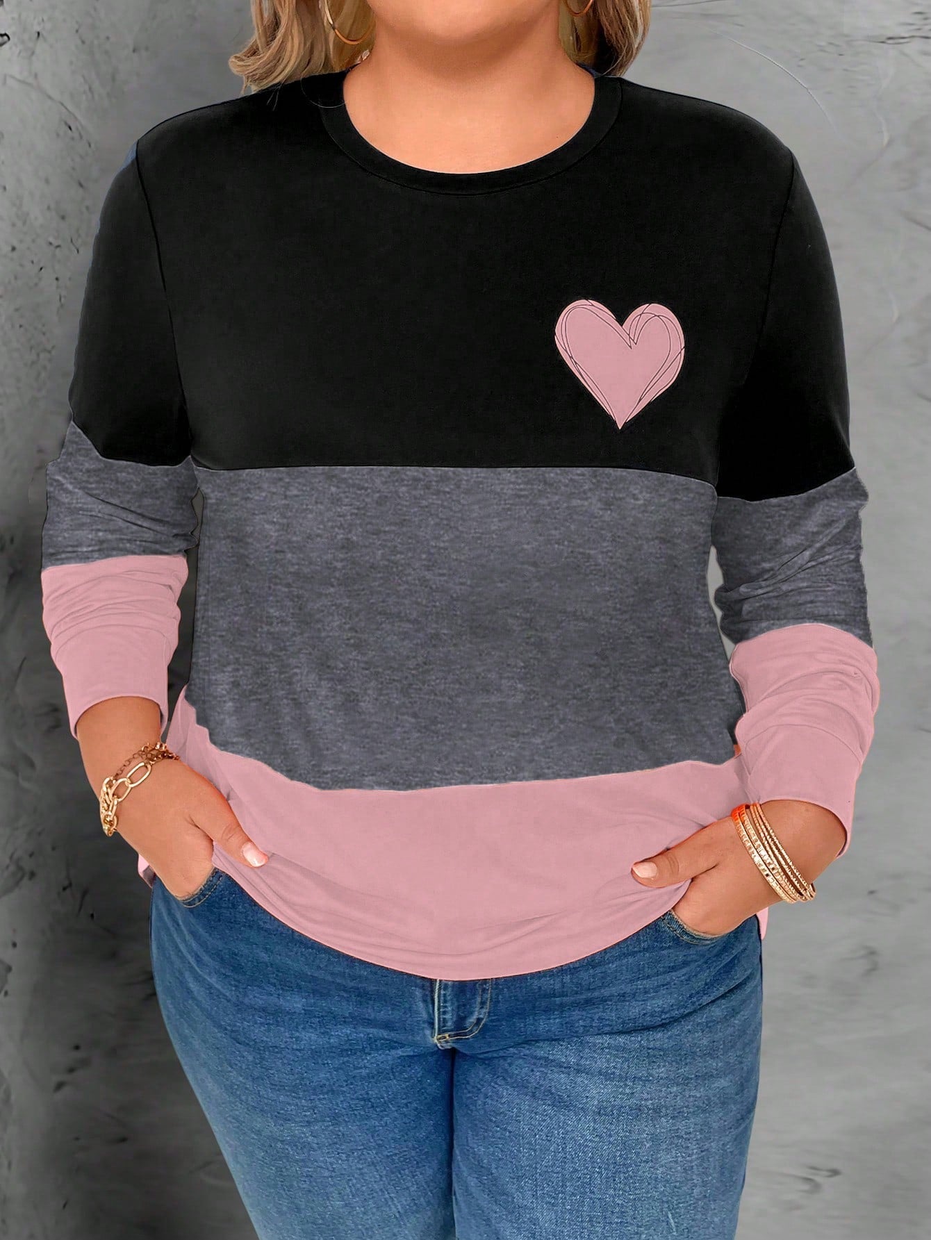 Plus Size Women's Heart Pattern Three-Color Splicing T-Shirt