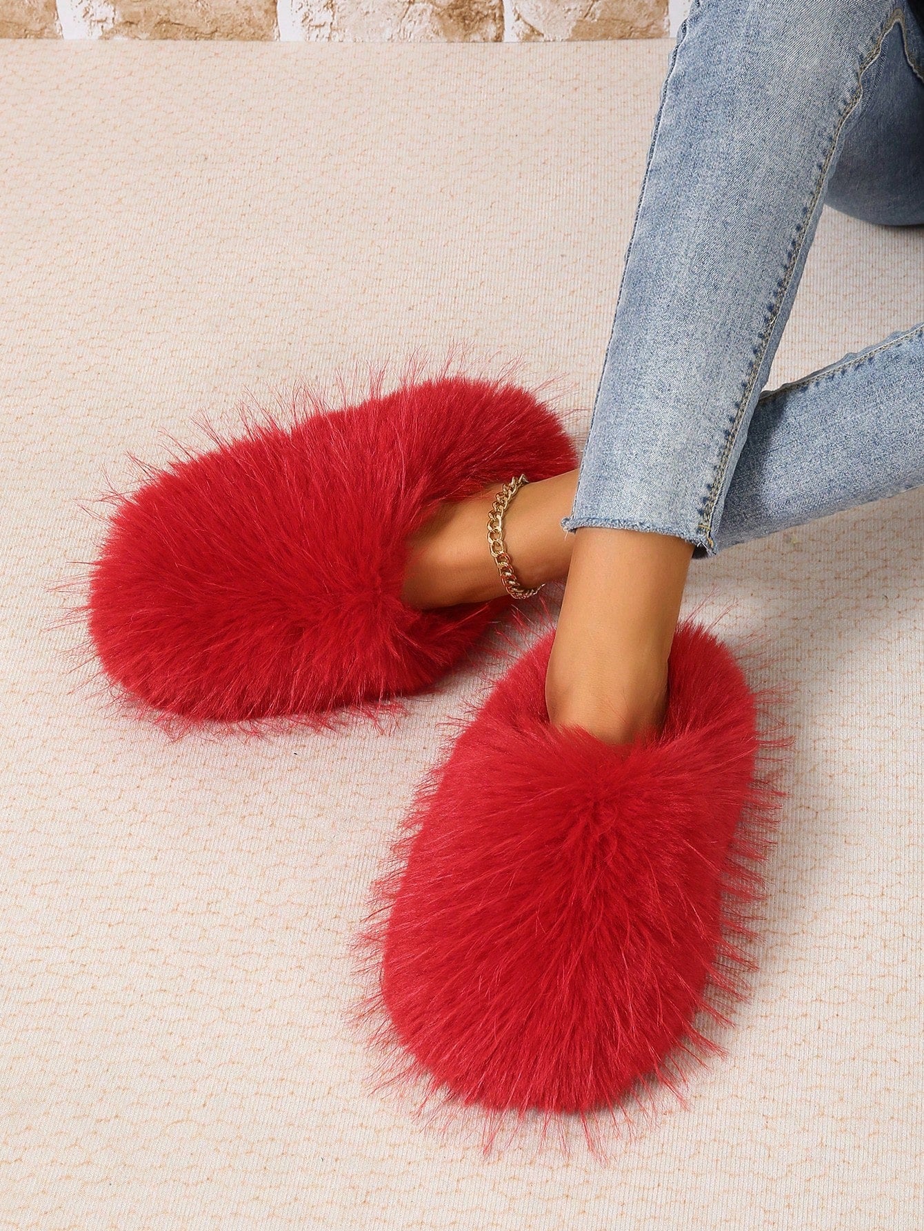 Women Fluffy Slippers, Solid Color Soft Bottom Winter Indoor Warm Slippers, Home Shoes, Red Slippers