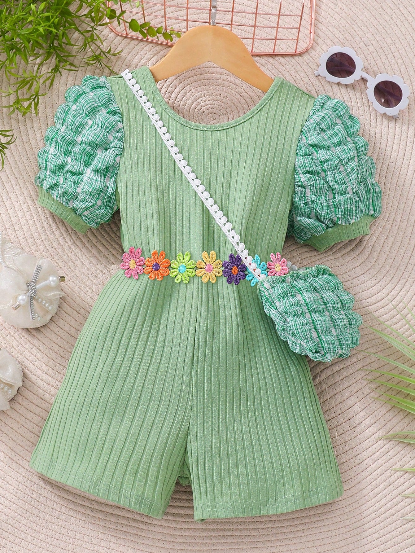 Young Girl Short-Sleeved Bubble Texture Jumpsuit With Crossed Back And Knit Stripe Fabric [Including Bag]