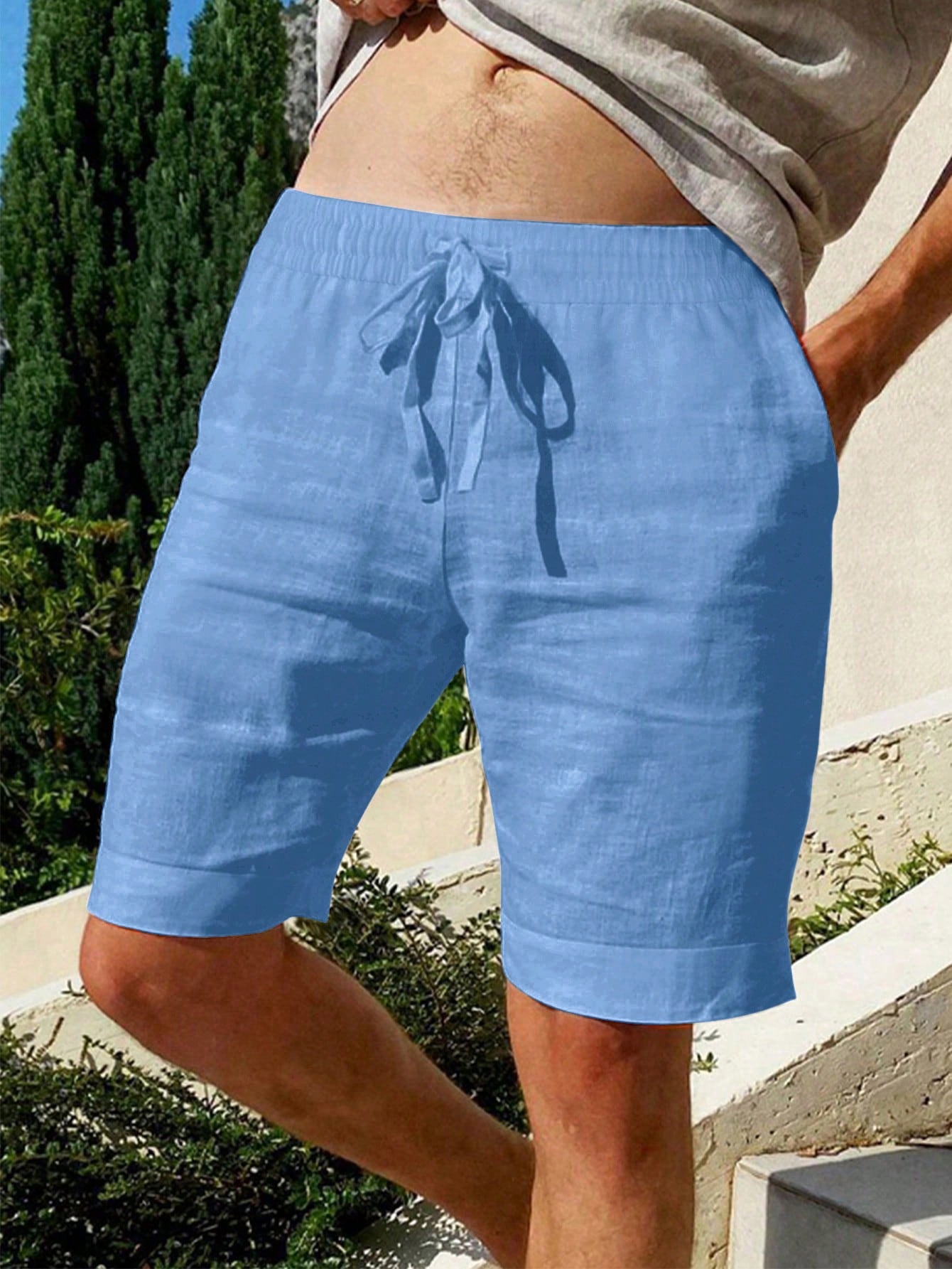 Men's Solid Color Drawstring Elastic Waist Casual Shorts, Fashionable And Versatile