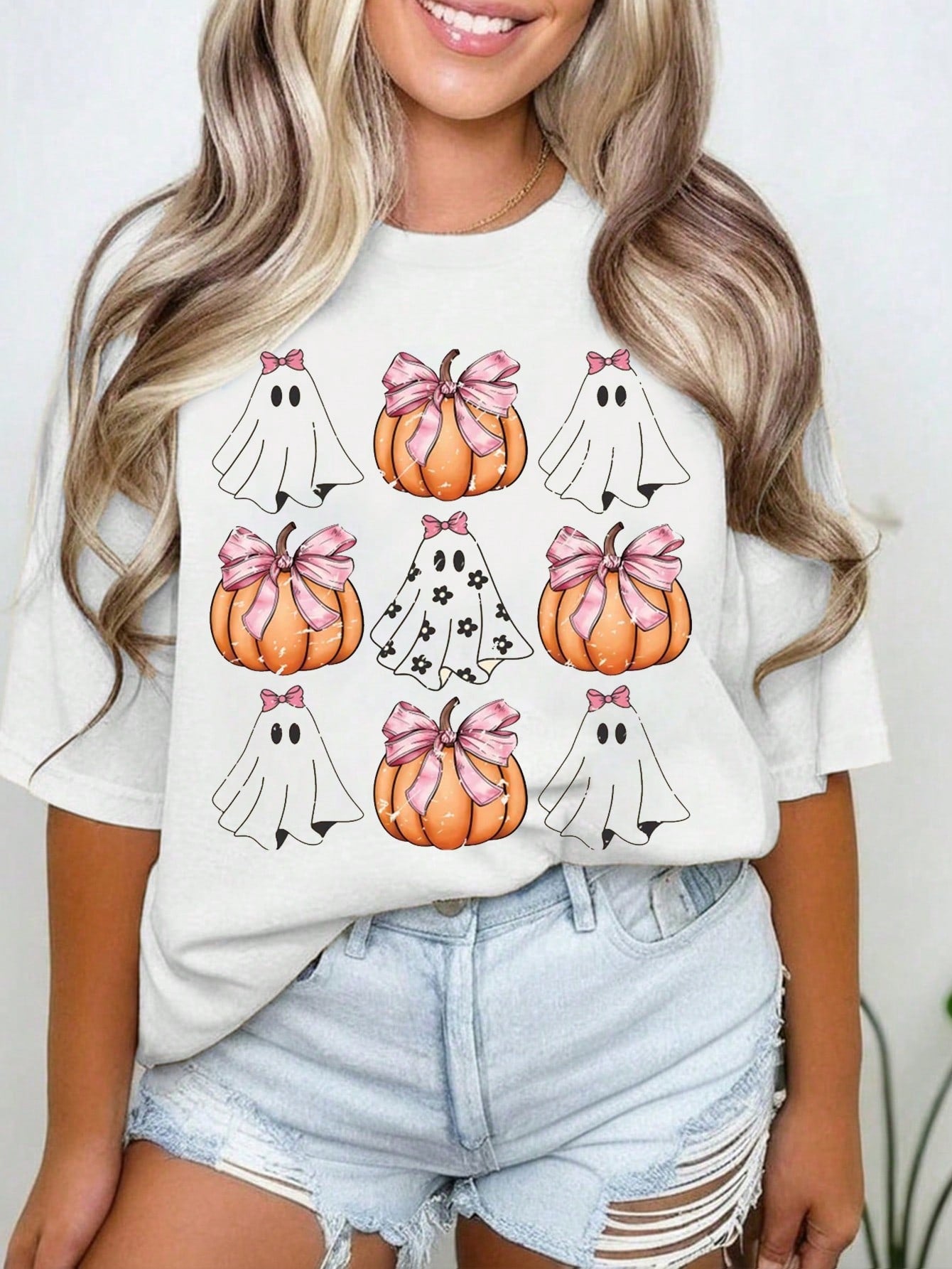 Plus Size Crew Neck Pumpkin Printed Short Sleeve Top, Casual Everyday Wear