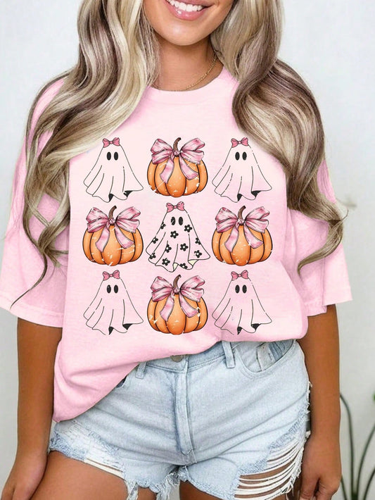 Plus Size Crew Neck Pumpkin Printed Short Sleeve Top, Casual Everyday Wear