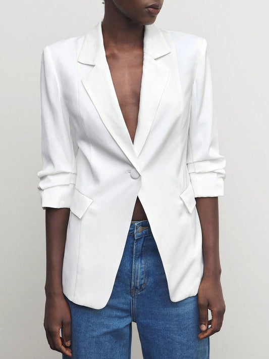 White Pleated Mid-Sleeve Tailored Slim Fit Workwear Blazer