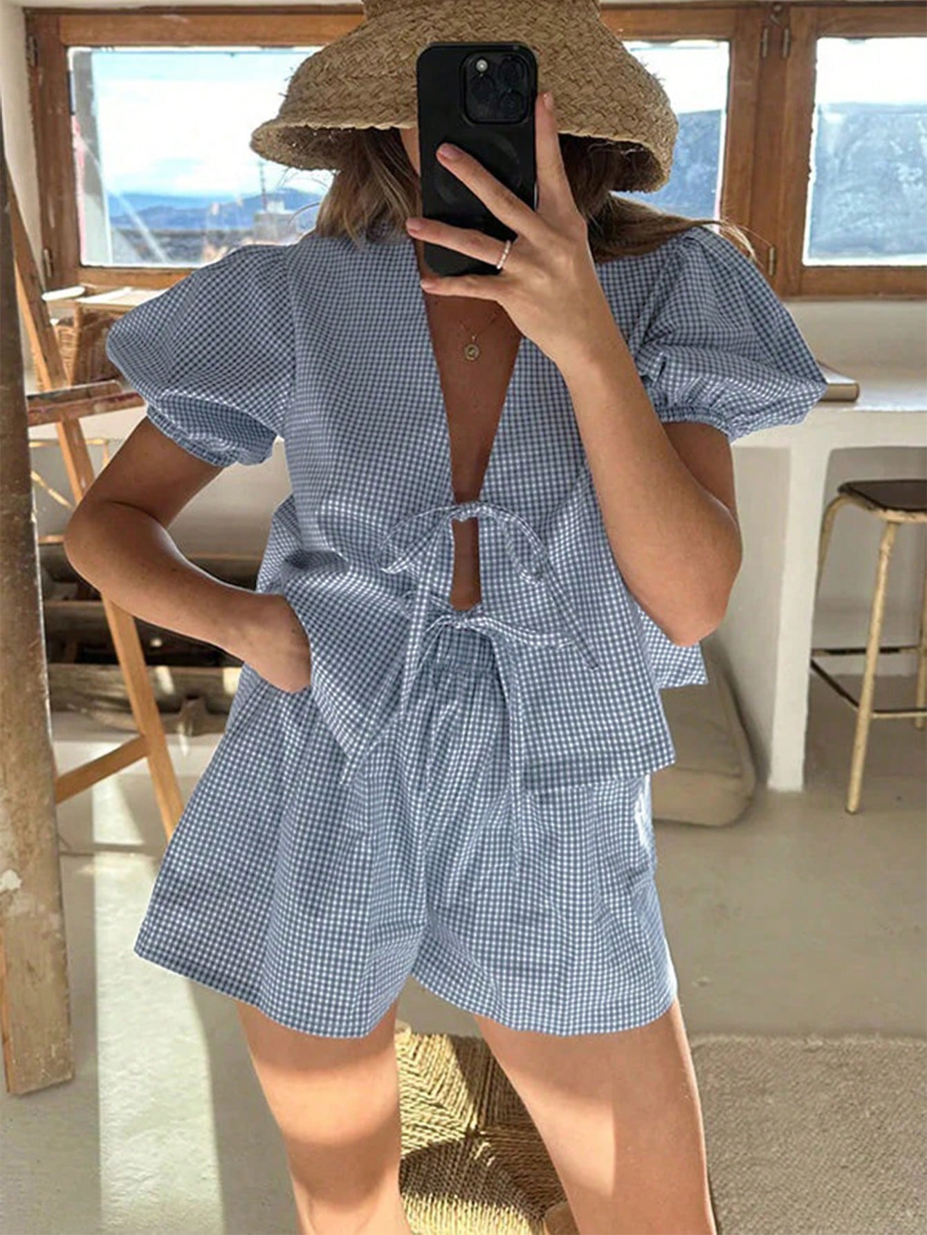 Summer Casual Vacation Refreshing Sweet Plaid Front Tie Puff Sleeve Top + Elastic Waist Shorts Set