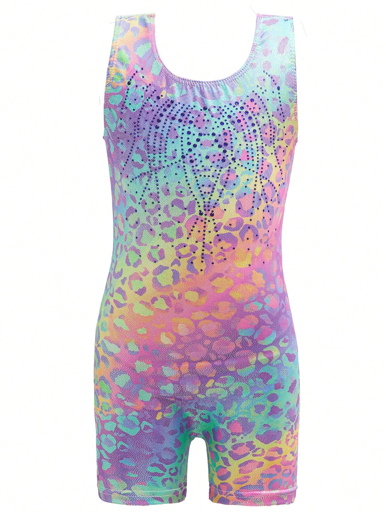 Young Girl Rhinestone Tie-Dye Heart Print Sleeveless Bodysuit Leotard For Gymnastics