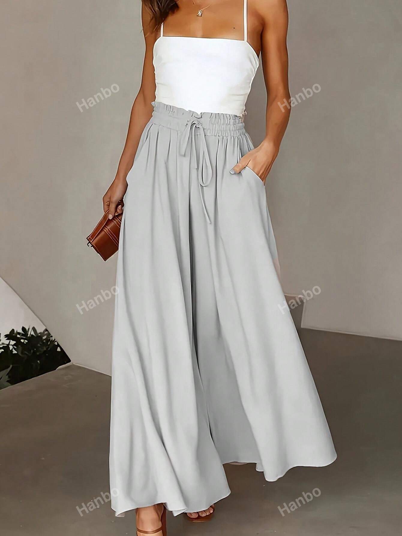 Paperbag Waist Slant Pocket Wide Leg Pants