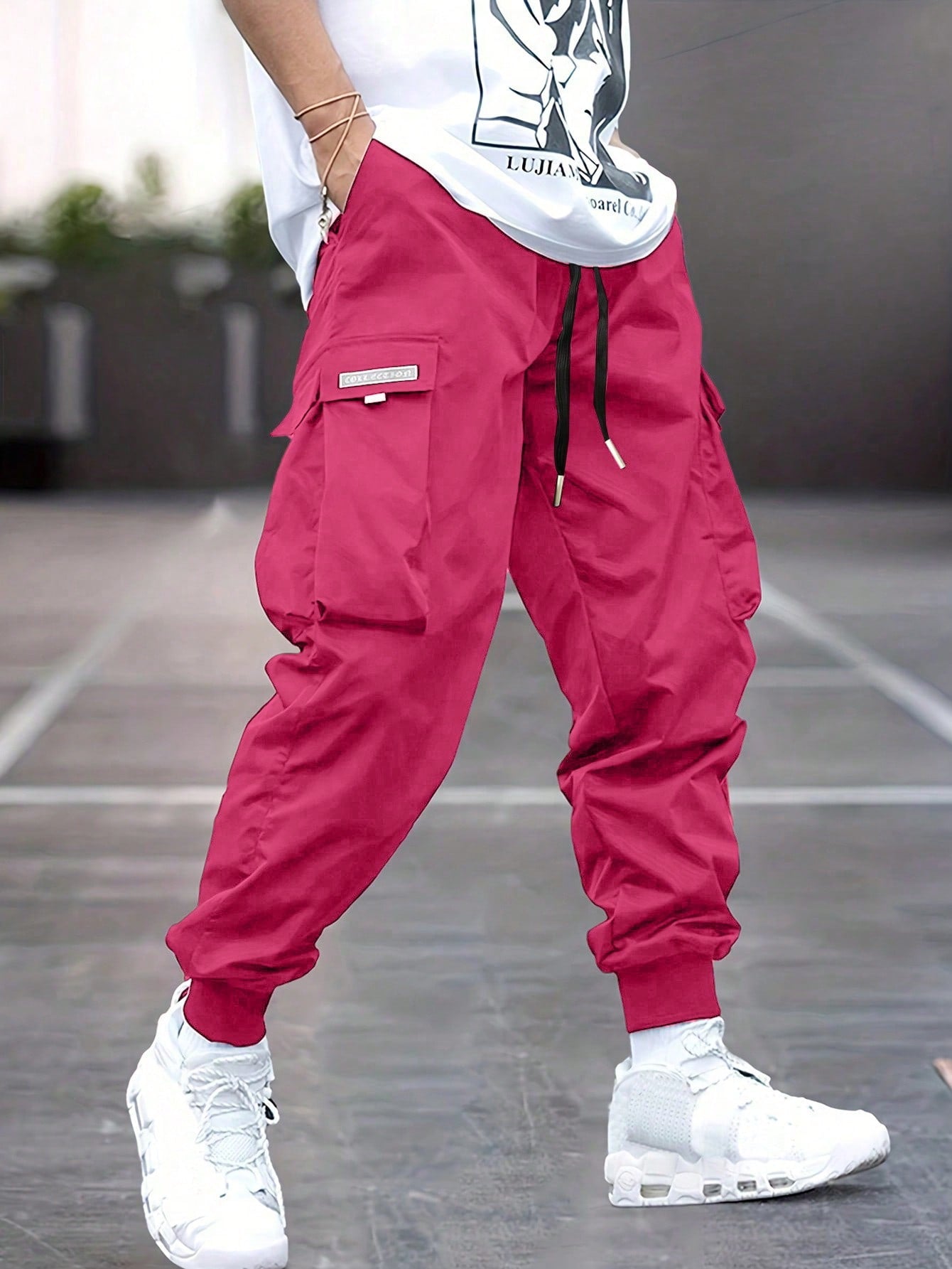 Men's Casual Drawstring Waist Flap Pocket Cargo Pants