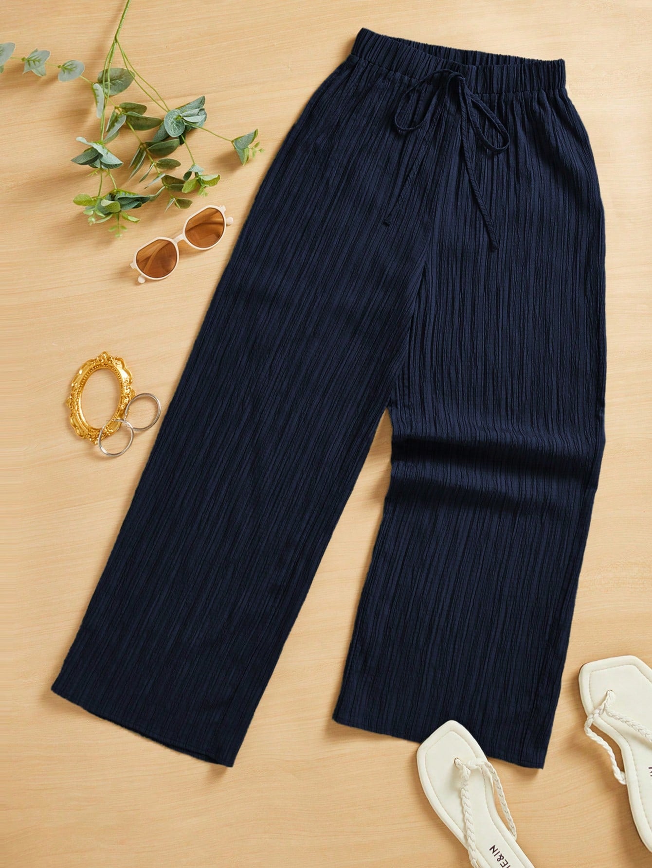 Summer Casual Textured Wide-Leg Capri Pants