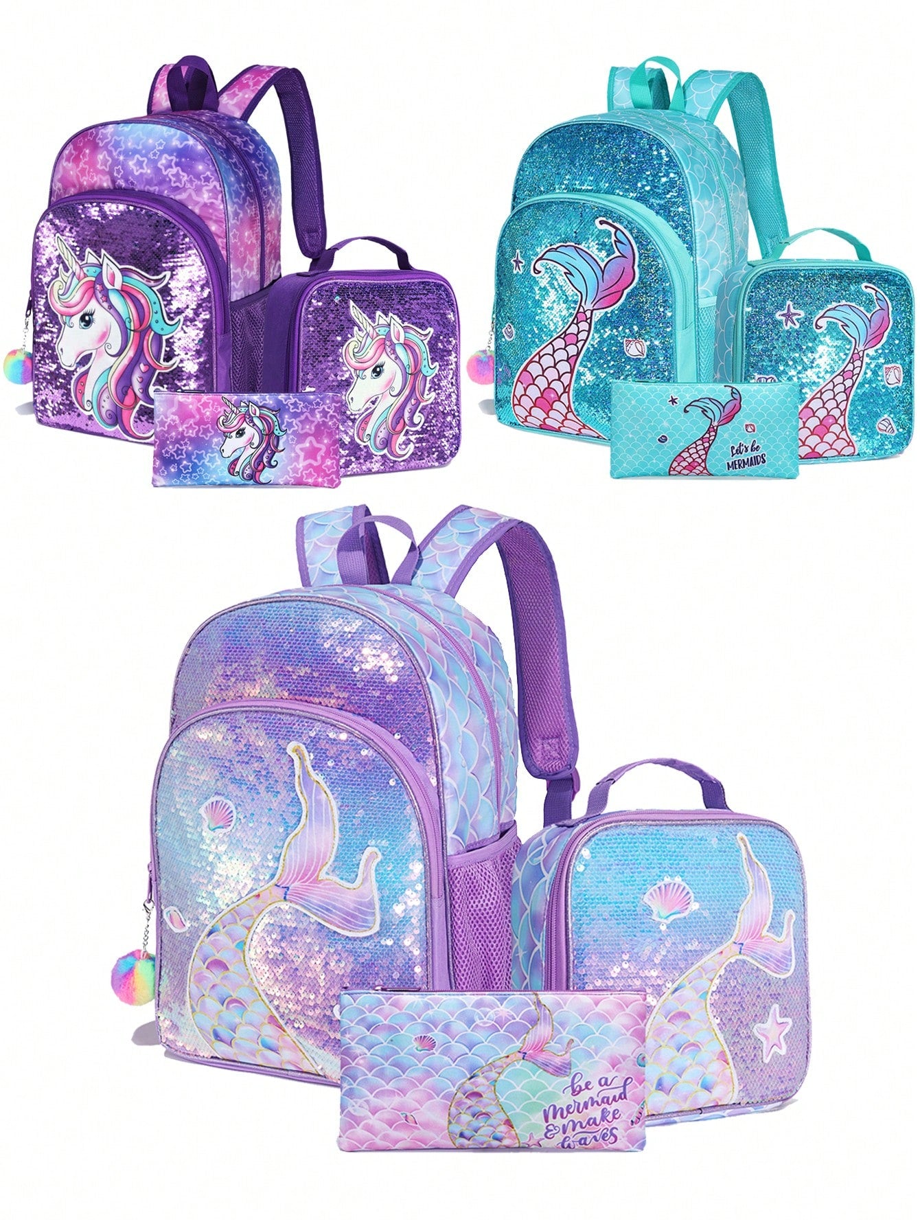 3PCS Girls Mermaid Unicorn Backpack Kid 16-Inch Lightweight Cute Sequin School Bookbag With Lunch Box And Pencil Case For Primary Elementary High School