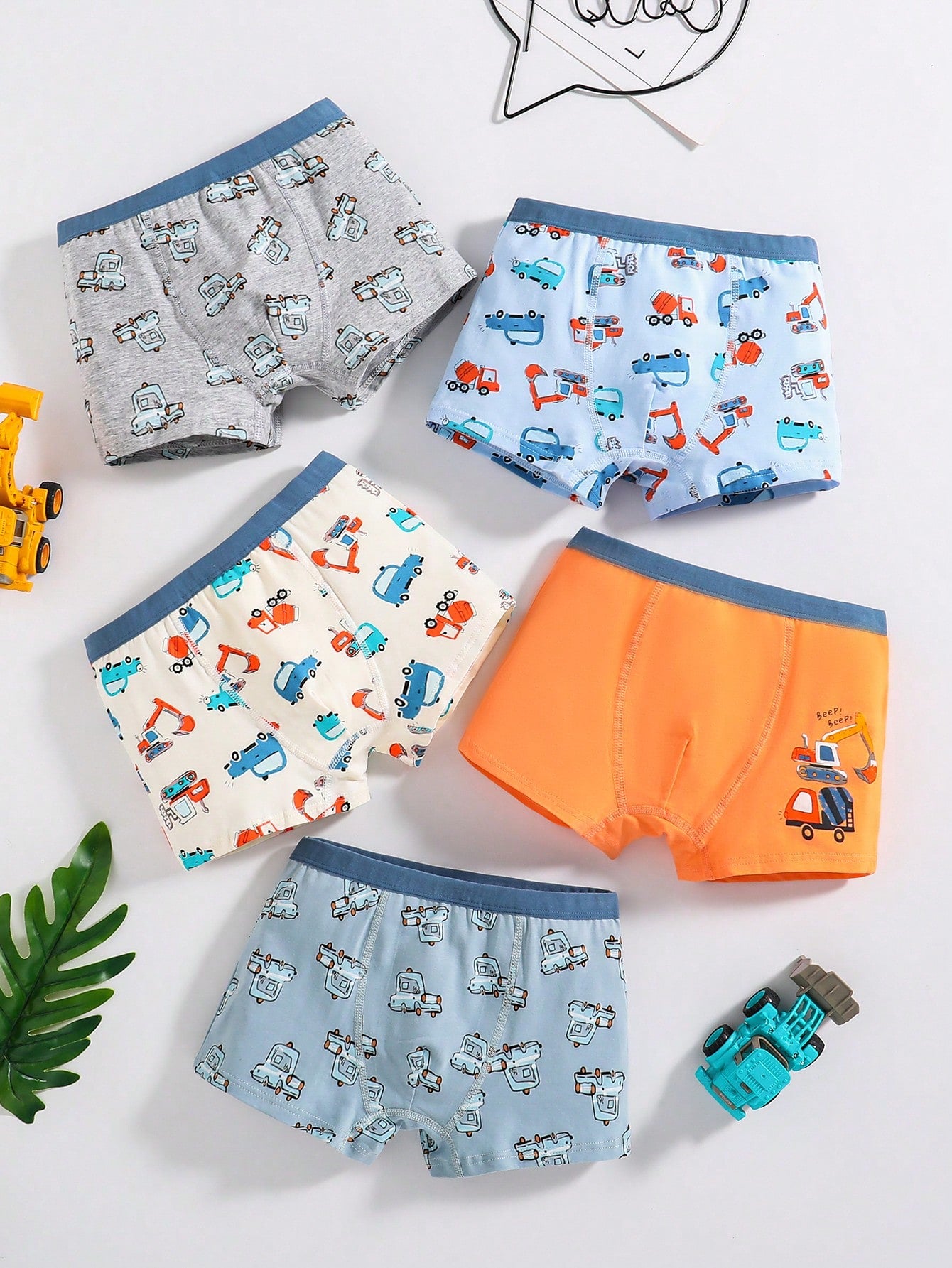 8pcs Young Boys' Excavator & Car Print Boxer Briefs