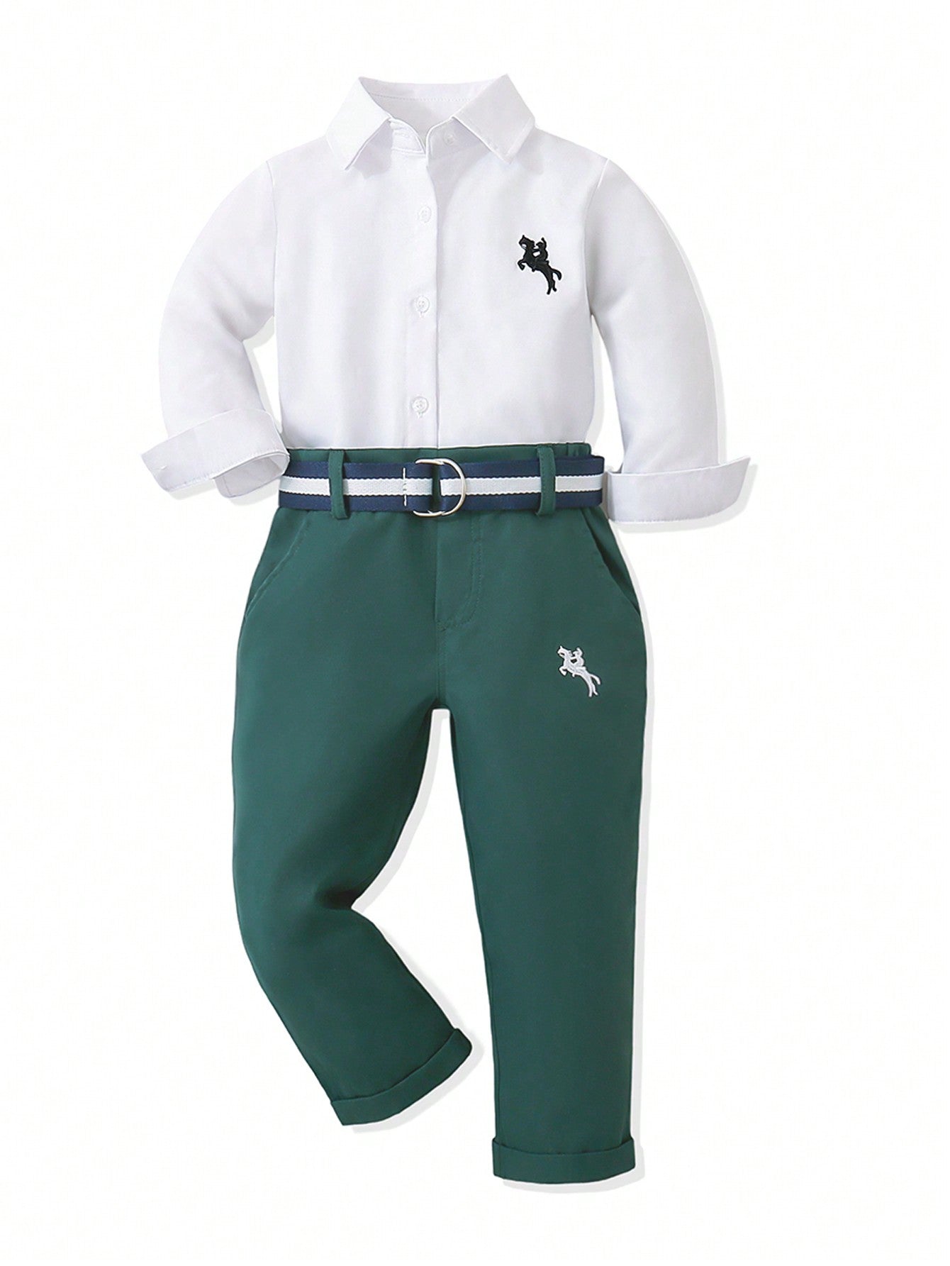 Blossomsprite Kids Young Boy Casual Horse Embroidery Long Sleeve Shirt And Pants Set For Daily Wear