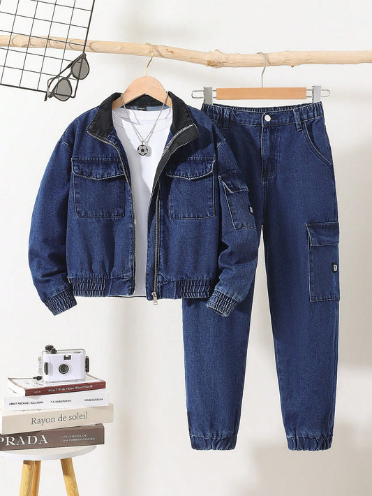 Tween Boy Enzyme Wash Personality Cargo Pocket Long Sleeve Jacket And Jeans School Spirit Two-Piece Set