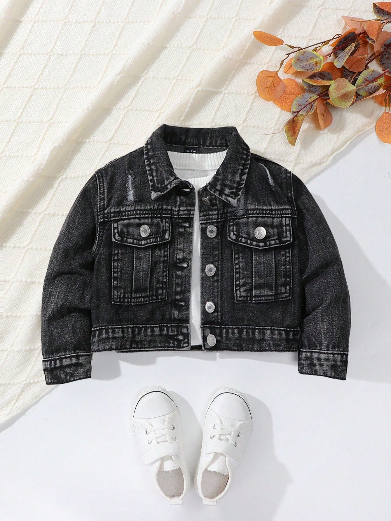 Streecool Kids YOUNG GIRL Y2K Cool And Casual Enzyme Washed Grind Button Front Workwear Jacket With Patch Pockets, A Versatile Must Have Fashion Item For All Seasons