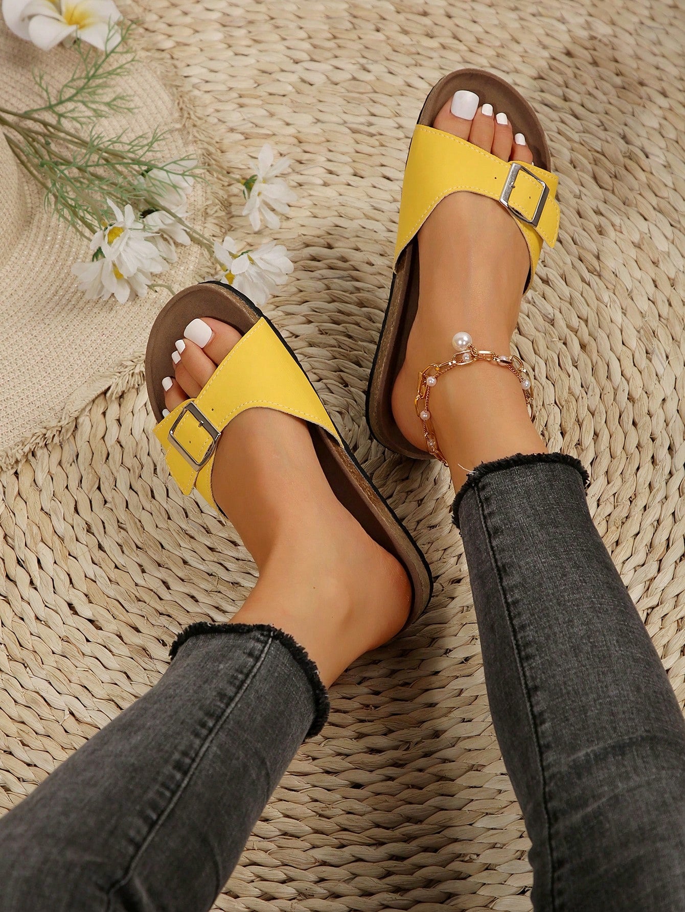 Women Summer Yellow Fashionable Soft Cork Sole Sandals