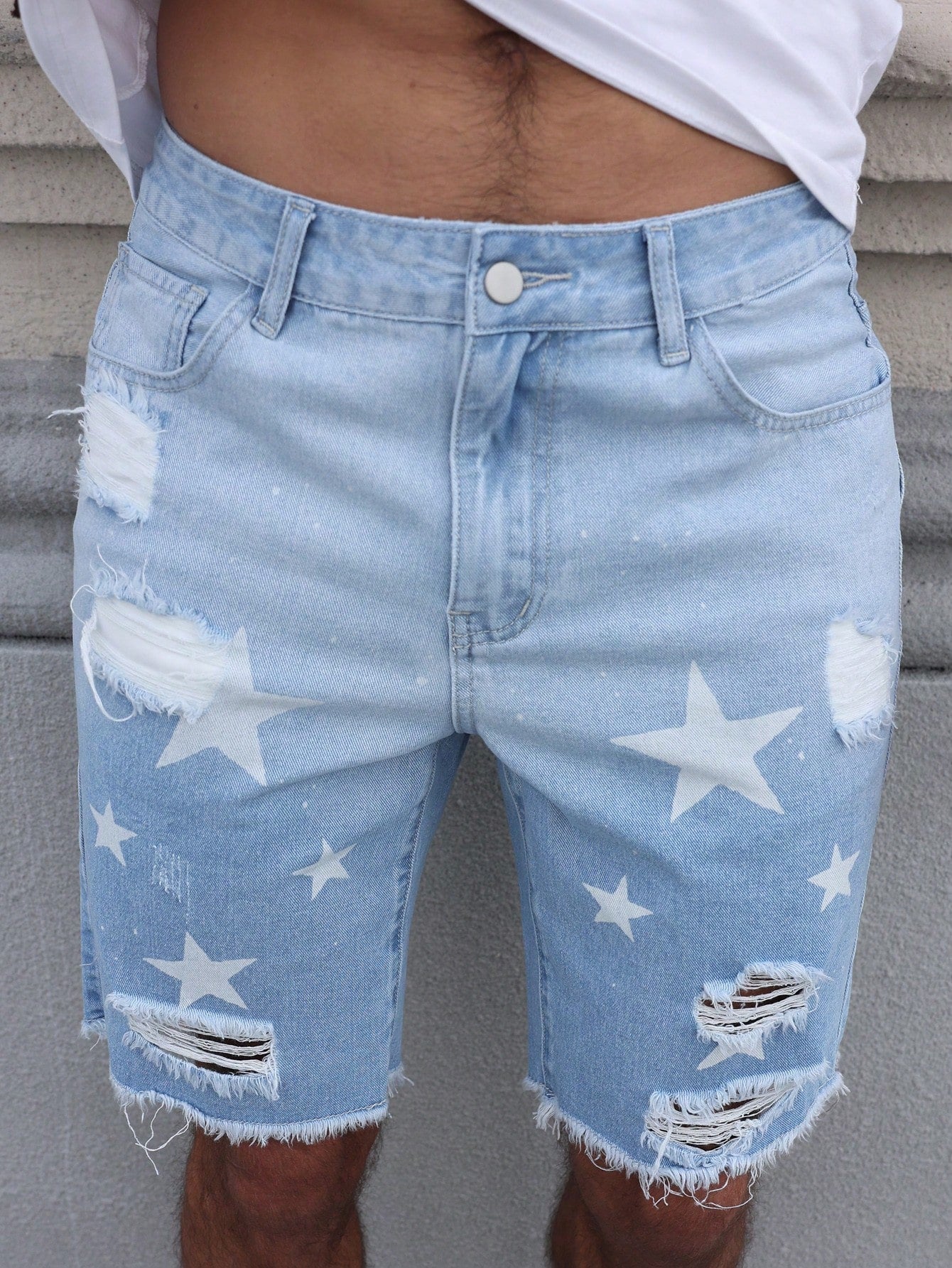 Men's Star Print Distressed Denim Shorts