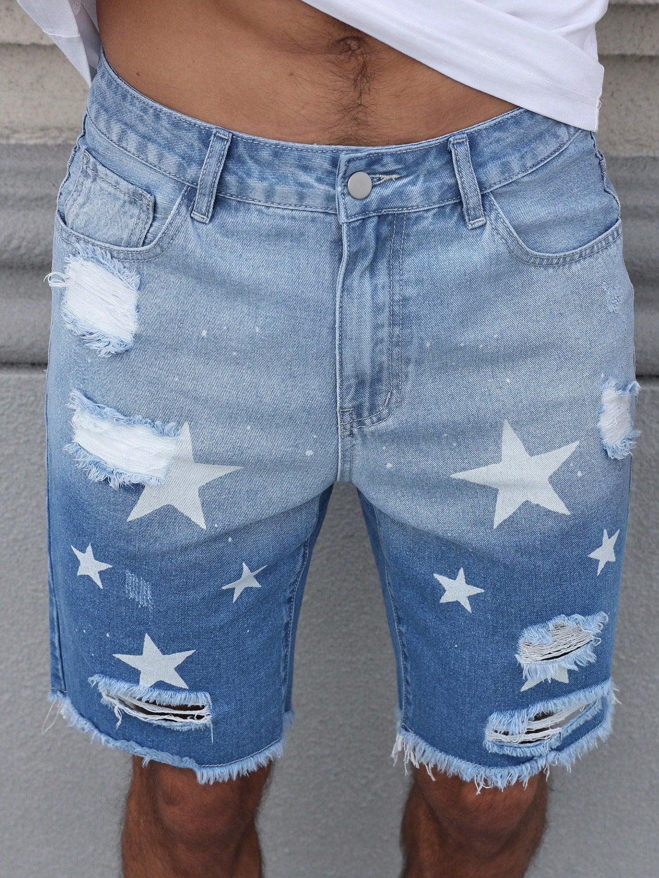 Men's Star Print Distressed Denim Shorts