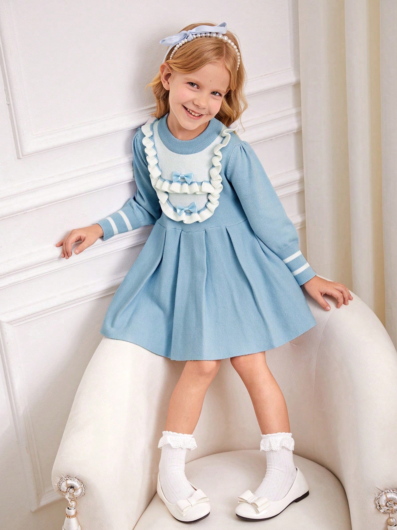 Young Girls' Blue Solid Color Fashionable, Casual, Cute, Comfortable, Soft, Simple, Warm, Versatile, Elegant, Ruffle Edge Bowknot Long Sleeve Knitted Sweater Dress, Suitable For Wearing At Home, Daily Outings, Playtime, Parties, Suitable For Autumn And Wi