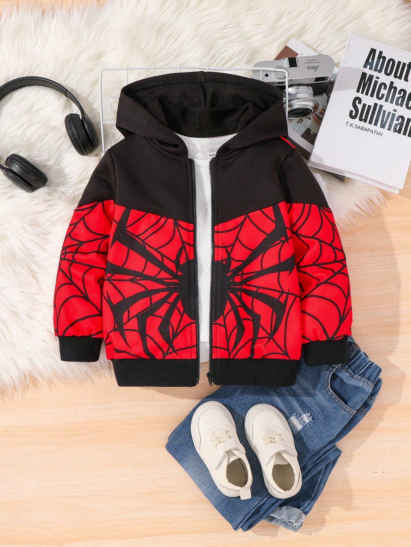 1pc Young Boys' Casual And Comfortable Hooded Jacket, Simple And Practical, With Spider Web Pattern, Breathable And Comfortable, Suitable For Daily, School, Travel, Sports In Autumn And Winter