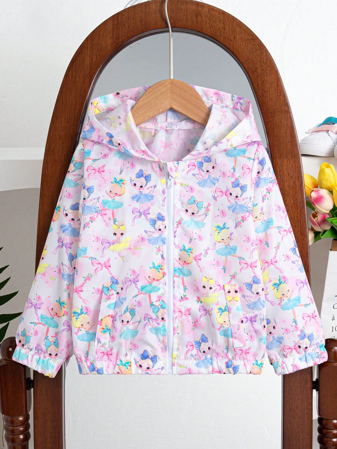 Girls Cartoon Fairy Printed Windbreaker Jacket With Hood, Elastic Cuffs And Zipper Closure For Spring And Autumn, Loose Fit, Fashion Design