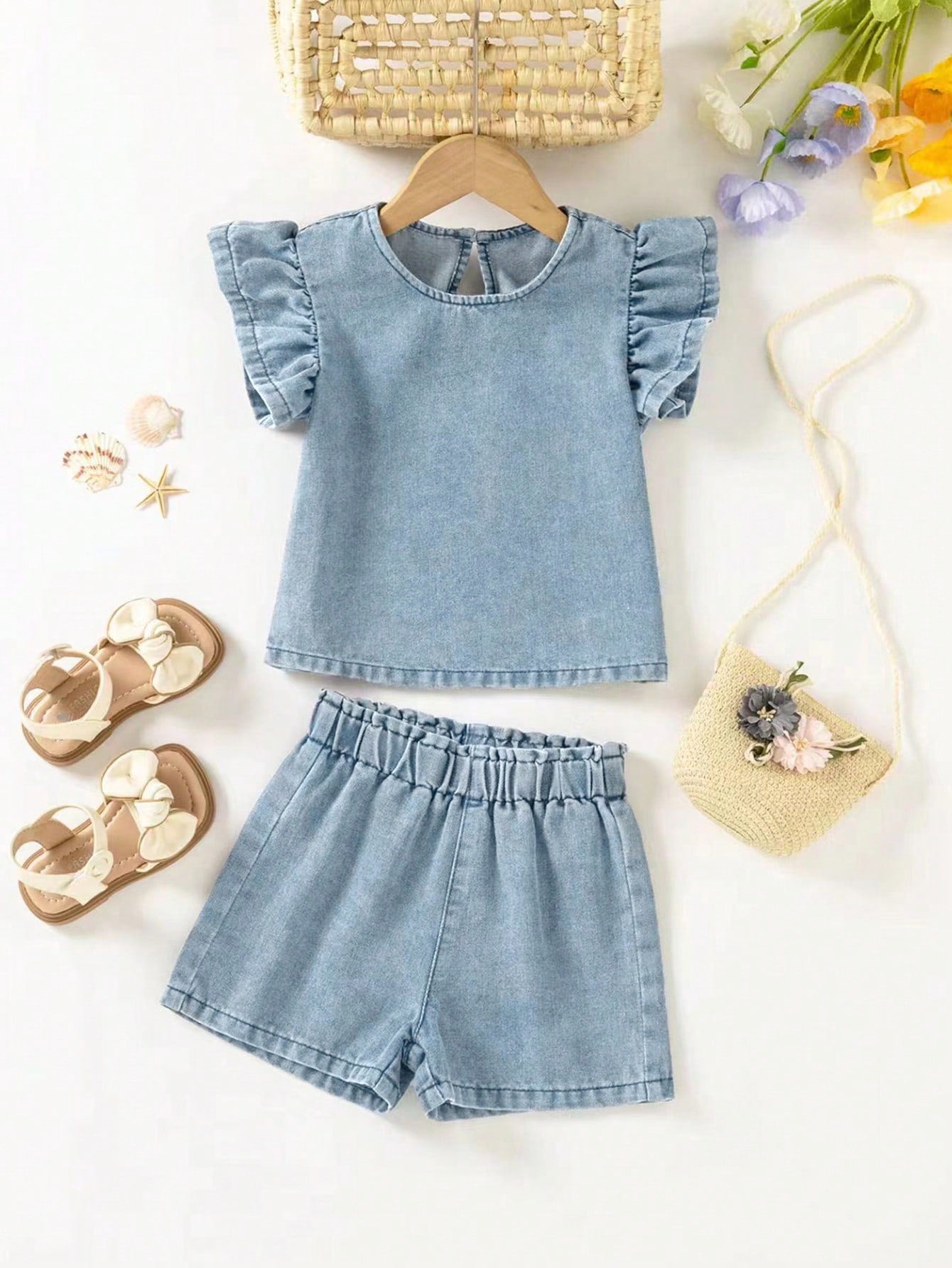 Young Girls' Basic Daily 2pcs/Set Cute Loose Fit Flying Sleeve Denim Top And Shorts